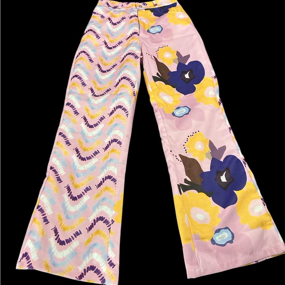 Floral and Wave Patterned Wide-Leg Pants - NEW